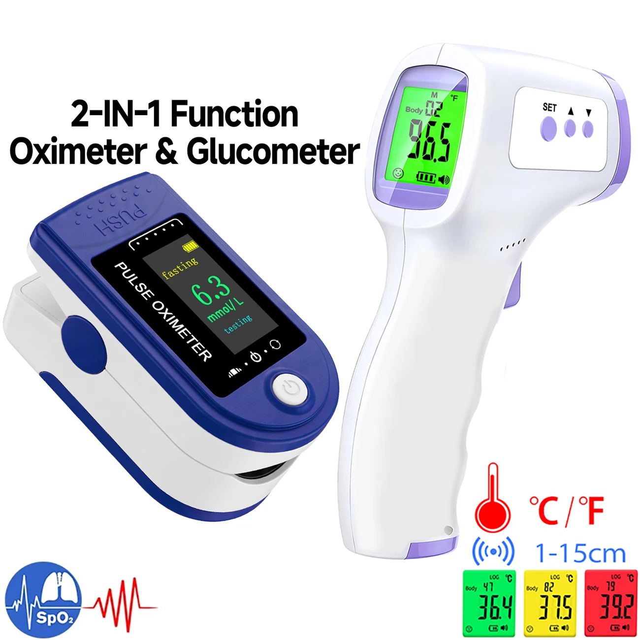 Contactless Body Thermometer IR Fever Temperature Detection Or 2-in-1 Non‑Invasive Glucometer & Oximeter Fingertip Monitor Kit