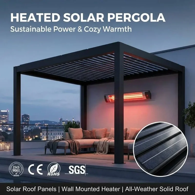 Eco Friendly Powered Motorized Aluminum Pergola Built-in Power Panels 35-Year Lifespan All Weather Rooftop Terrace Gazebo