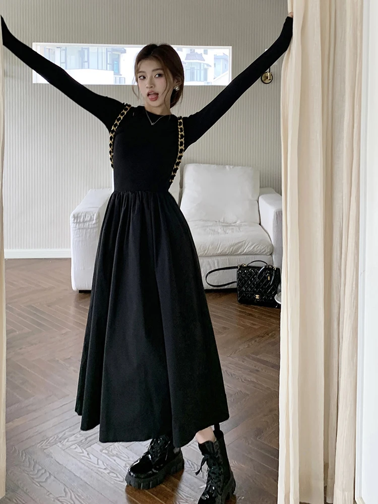 2025 Abito longuette in maglia chic classico nero a vita sottile per donna Autunno semplice casual in puro colore Moda Office Lady Abiti femminili