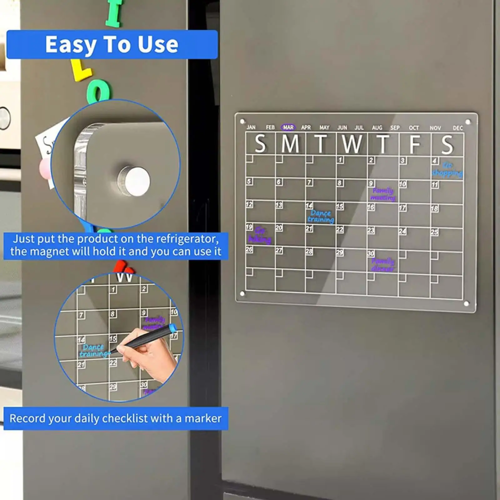 

Magnetic Calendar for Fridge Portable Clear Acrylic Calendar Erasable Weekly Calendar Dry Erase Calendar for Home Office Family