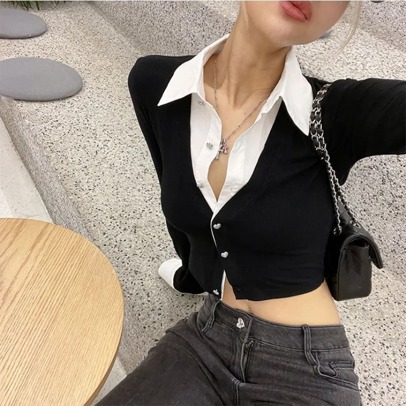 Y2K Fake Two Piece Shirt Women Fashion Patchwork Aesthetic Crop Top Female Spring Autumn Streetwear Slim Fit Long Sleeve Blouses