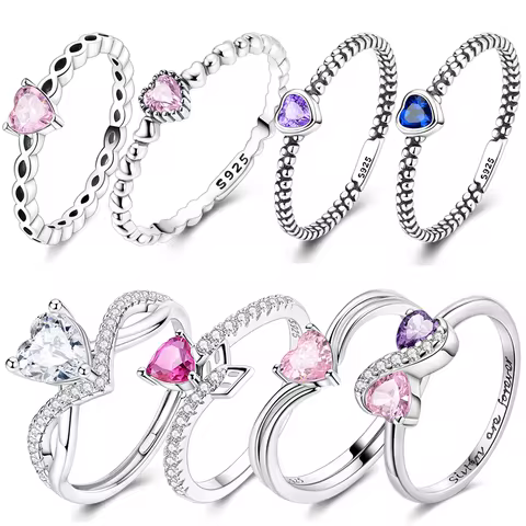 925 Sterling Silver Rings Sparking Purple White Pink Blue Zircon LOVE Wedding Ring Women Engagement Jewelry Anniversary Gifts