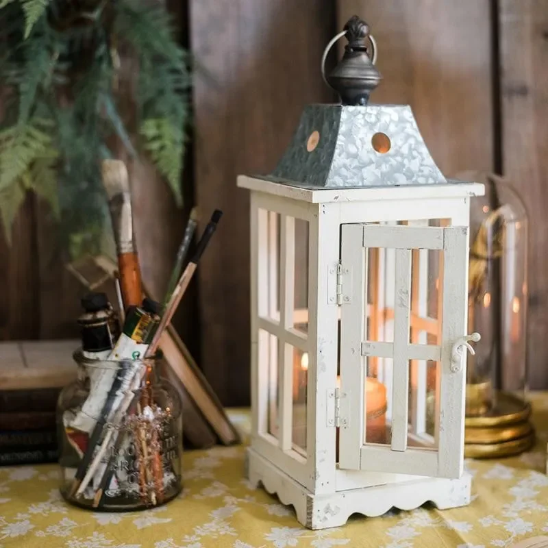 Solid wood candlesticks, large glass wind lamp decoration, grocery garden courtyard nostalgic classic lanterns