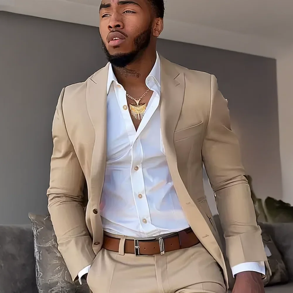 

Classic khaki men's 2-piece suit peak lapel blazer pants slim fit set for daily wedding dance birthday party gifts custom tuxedo