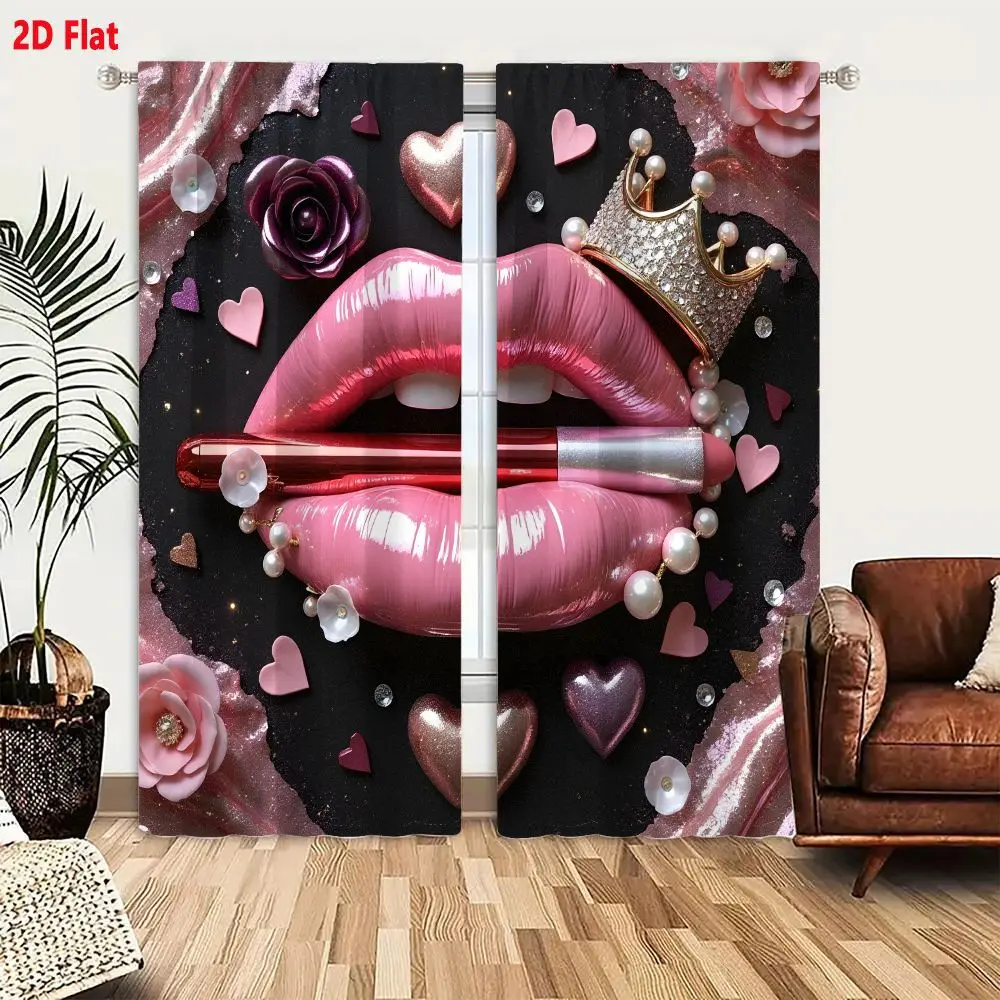 2Pcs Curtains Add 2D Flat Vibrant Pink Lips With Metallic Red Lipstick Tube And Jeweled Crown On Dark Background Window Drapes f