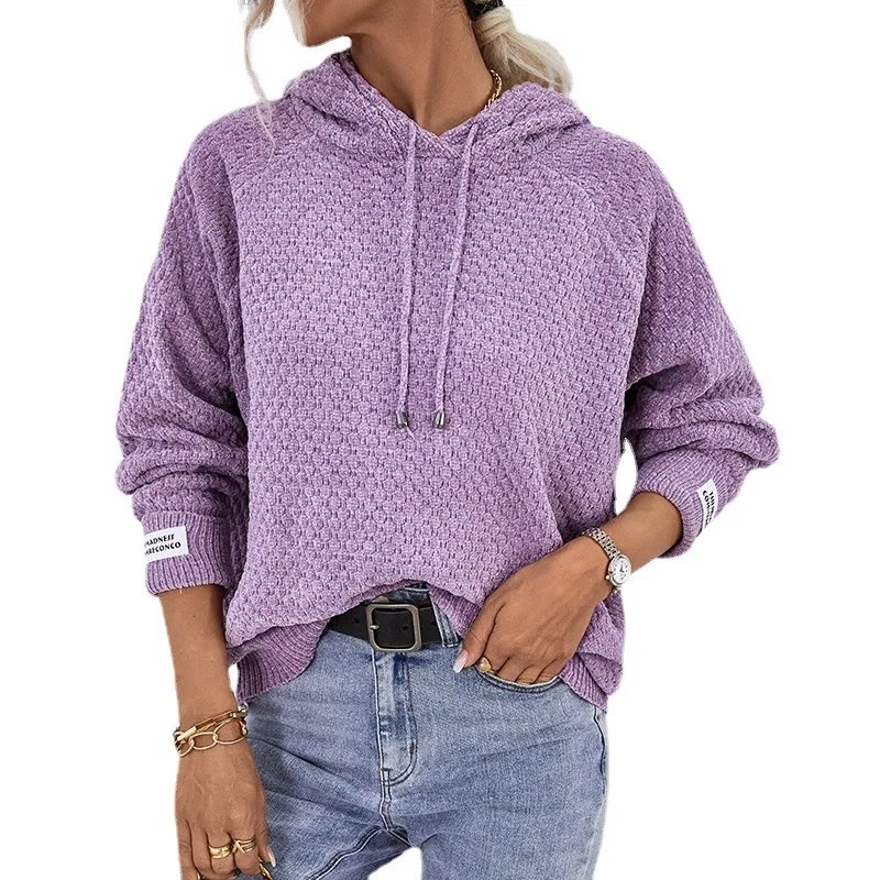 Hooded drawstring knitted sweater 2023 autumn and winter new solid color pullover casual European and American sweater women