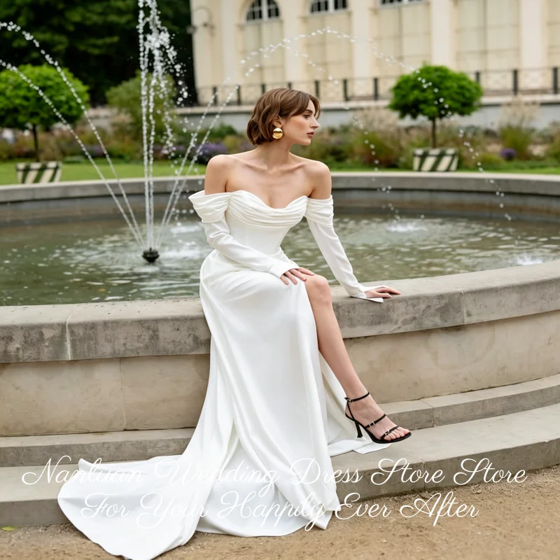 2026 Styles Ruched Sweetheart Neck Satin Wedding Dress Off Shoulder Long Sleeve High Slit Customized