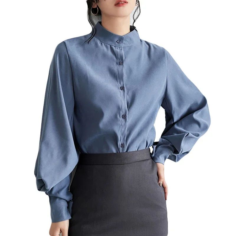 

New Shirt Women Stand Collar solid color Shirt Female Loose Vintage Lantern Sleeve Shirt Long Sleeve Casual Tops Drop shipping