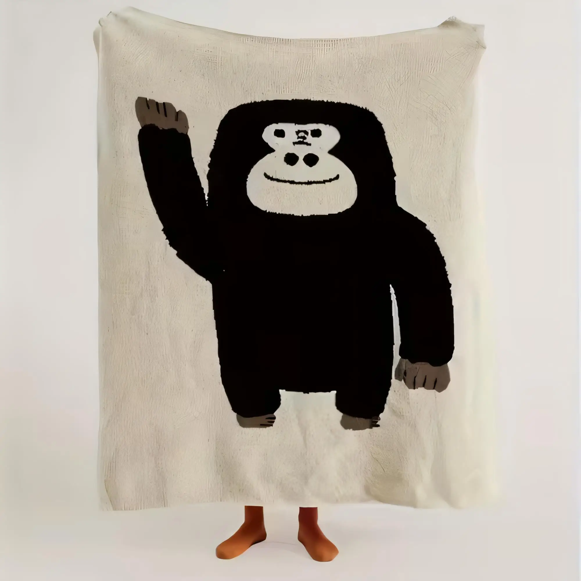 Cream Knitted Blanket with Cartoon Black Gorilla Design, Cute Smiling Ape with White Face, Cozy Throw for Bed or Sofa, Perfect f