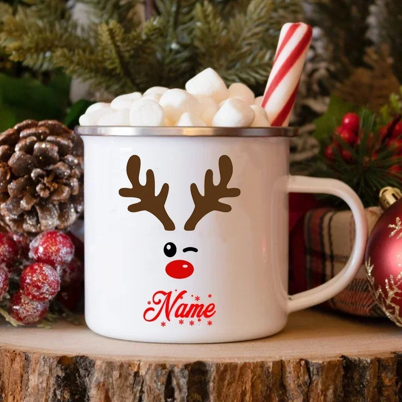 Custom Name Mug Personlized Deer Enamel Cups Christmas Hot Cocoa Chocolate Mug Drink Milk Sibling Handle Mugs Xmas Gifts for Kid