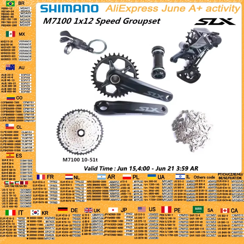 Shimano slx m7100 groupset 170mm 175mm 32t 34t groupset 1x12 velocidade m7100 shifter desviador traseiro cárter cassete micro spline