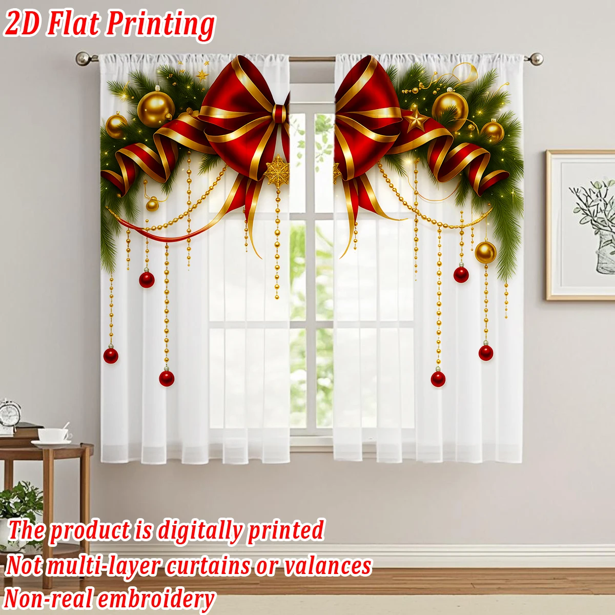 Christmas Flat Printing Kitchen Sheer Curtain with Merry Christmas Bow Ball Pine Branch For Christmas Home Decor  Party