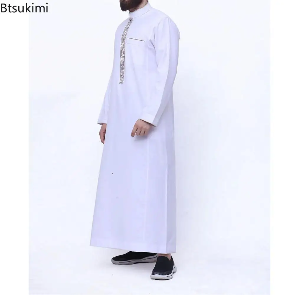 Islamic Muslim Clothing 2025 Men's Long Sleeve Casual Abayas High Quality Print Kaftan Robes Stand Collar Arabian Thobe for Men