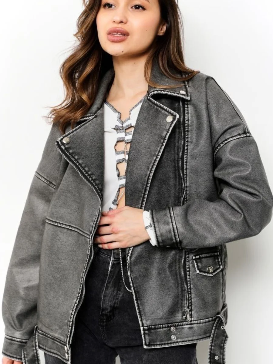 PU Faux Leather Jacket Women Loose Sashes Casual Biker Jackets Outwear Female Tops BF Style Black Leather Jacket Coat Beige Gray