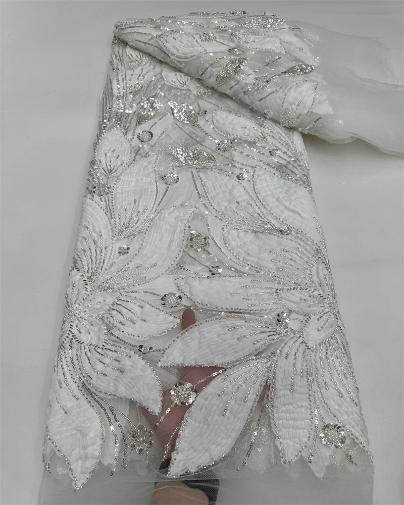 

High Quality Fashion African Sequins Tulle Embroidered Groom Lace Fabric Beaded Sequins Lace Fabric For Nigerian Wedding Dress