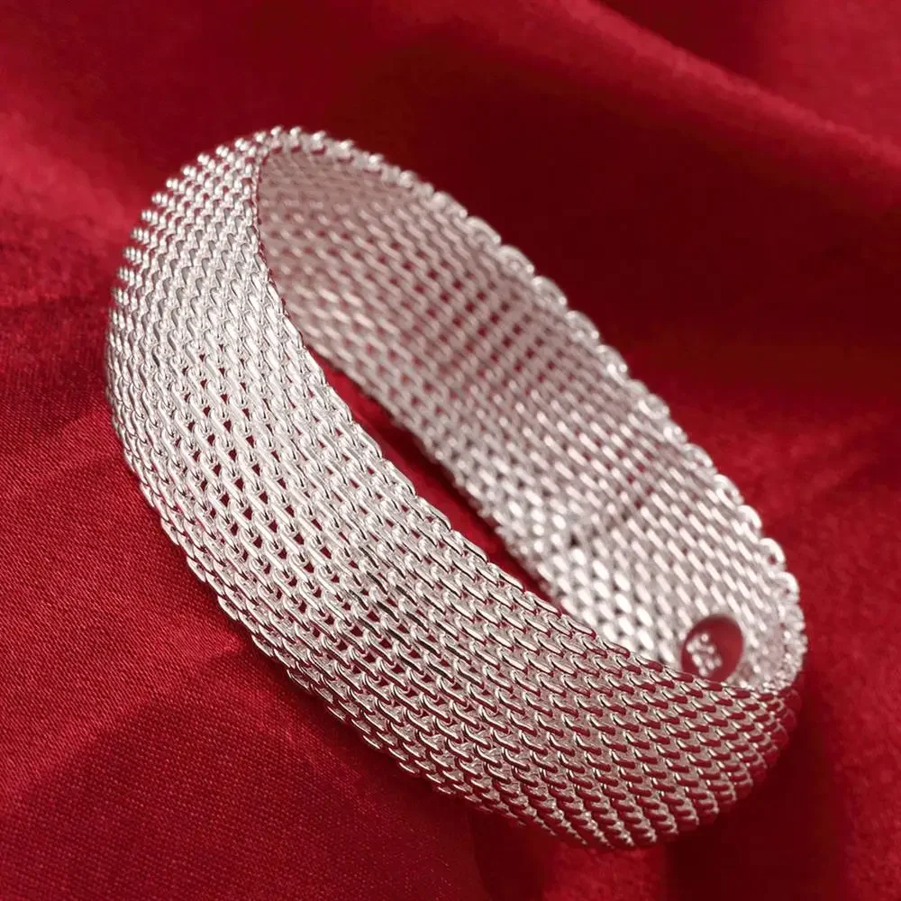 Retro 925 Sterling Silver Woven Mesh pendant necklace earrings bangle rings jewelry set for women fashion Hip-hop accessories view 6