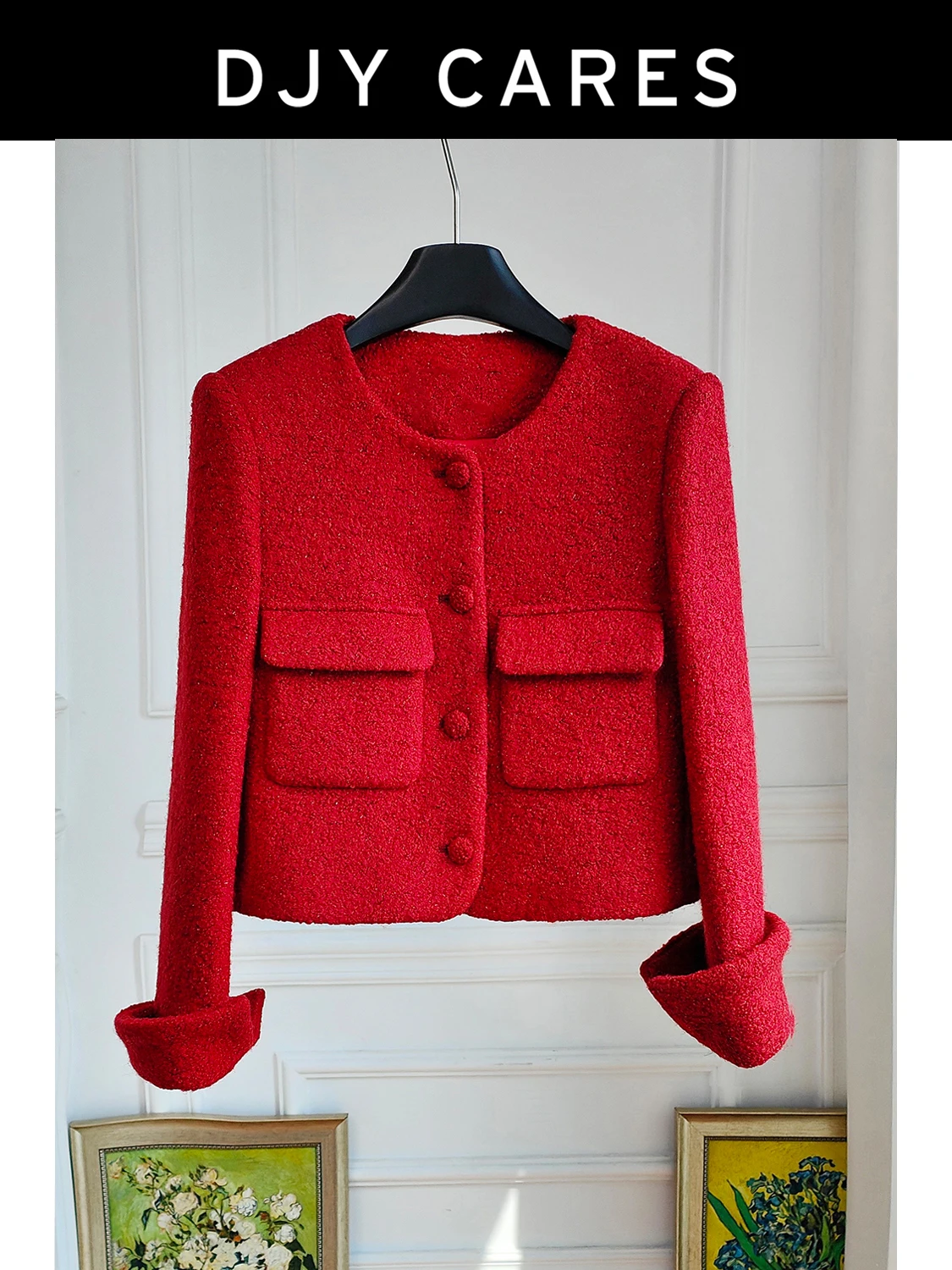 

New Coarse woolen high-end short jacket with shiny silk woven top big size