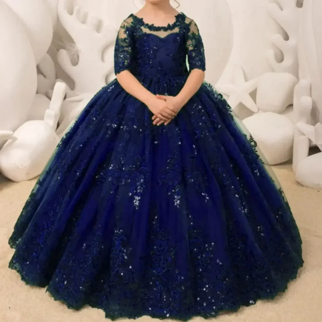 Flower Girl Dress Pageant Gown For Wedding Lace Appliques Princess Kids Birthday Party First Holy Communion Gowns Sequins