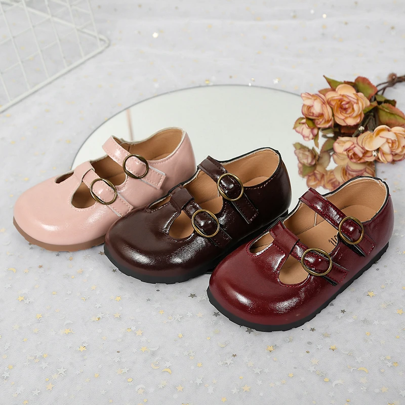 

Baby Kids T-strap Leather Shoes 2026 New Autumn Toddler Mary Jane Flats with Double Buckle Soft Sole Retro Girls Party Flats