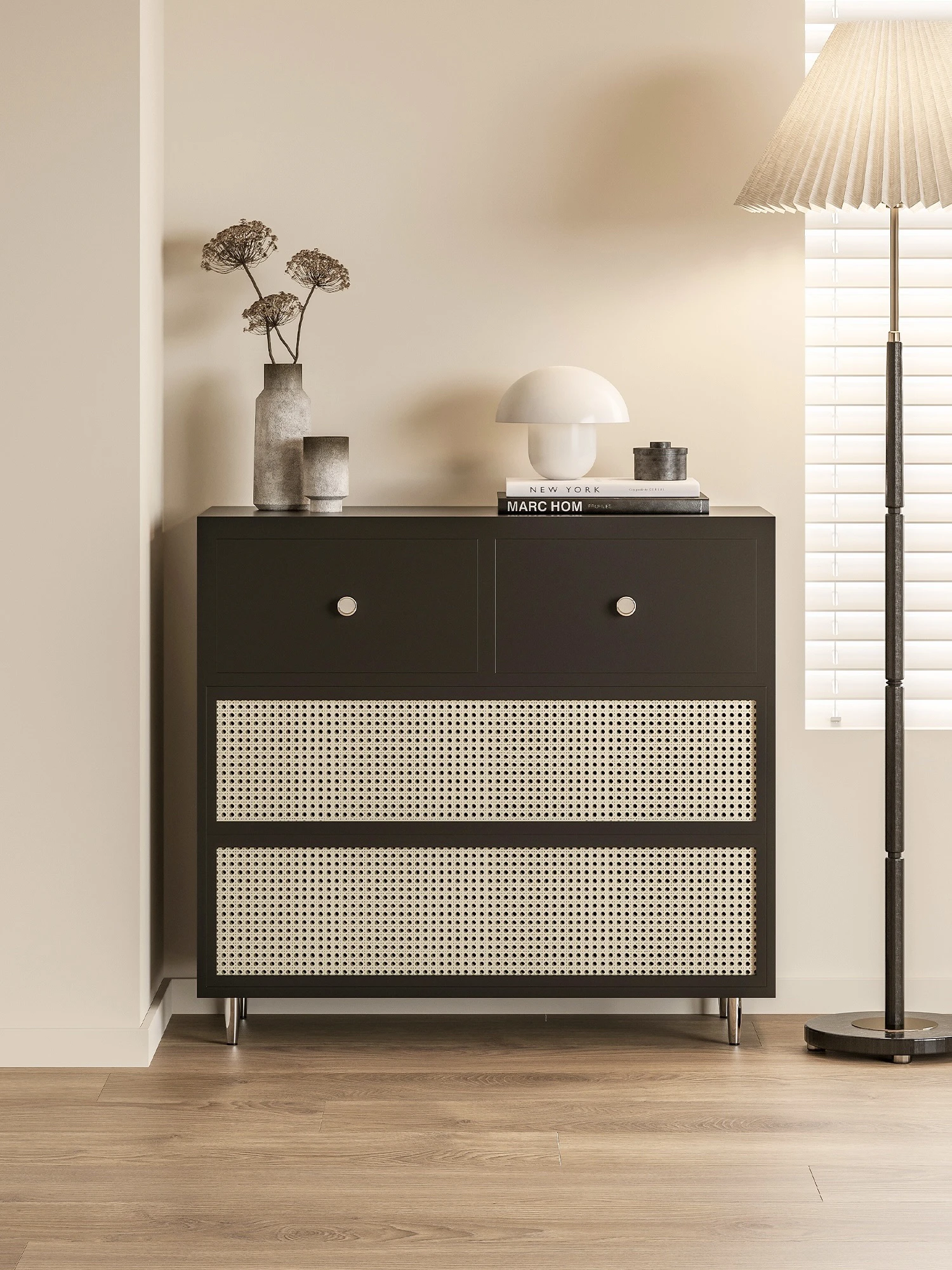 Schwarzer Retro-Rattan-Brust-Seitenschrank, multifunktional