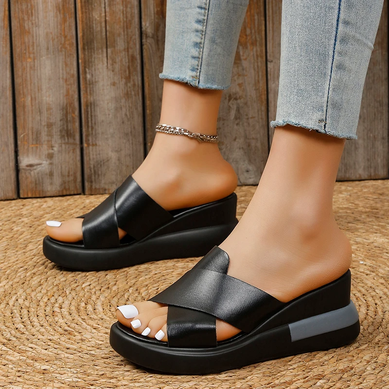 Sandal Wedge ukuran Plus wanita, sandal selempang hak tinggi modis musim panas