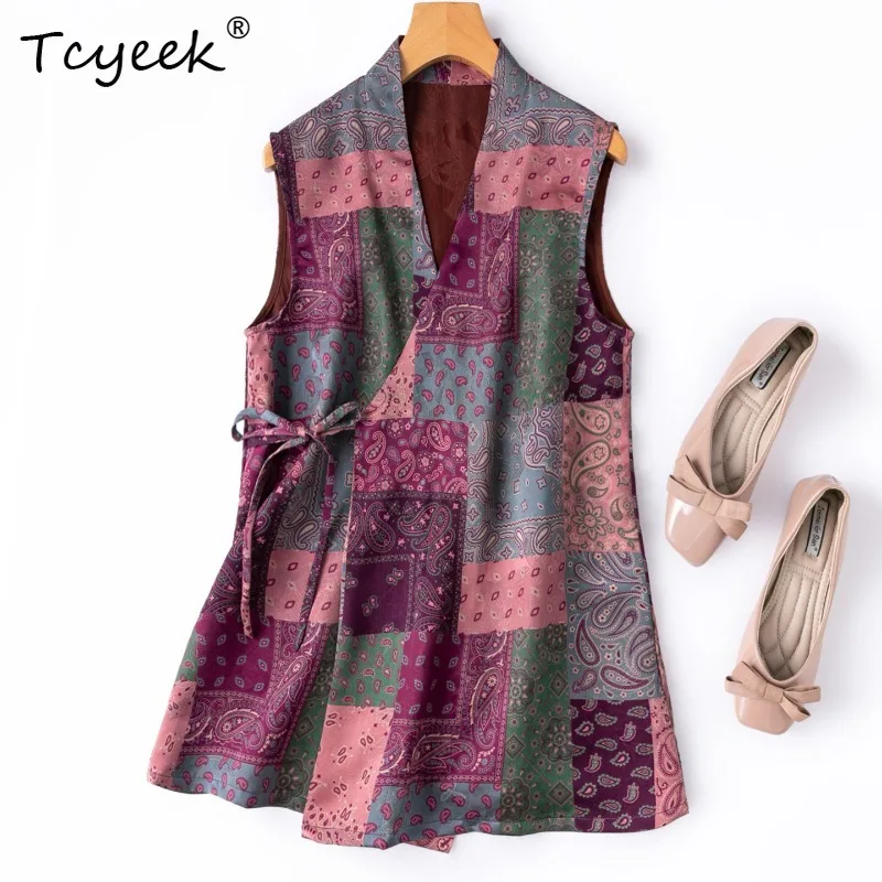 Tcyeek 100% Real Mulberry Silk Woman Tops 24MM Silk Woman Clothing 2026 Summer Classical Abstract Print Layered Vests Ropa Mujer