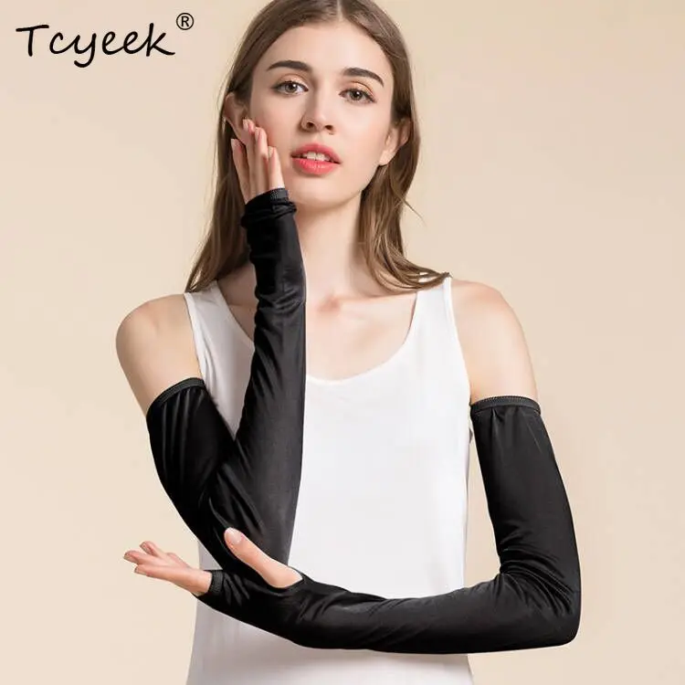 Tcyeek, Lengan Pelindung Matahari Sutra Asli 100%, Perlindungan UV Berkendara Wanita, Lengan Lengan Keren Sejuk, Musim Panas 2024 A45720QC