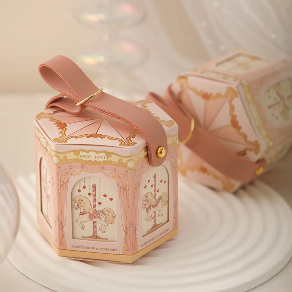 New Wedding Carousel Gift Box Leather Handle Paper Wedding with Hand Gift Birthday Candy Tote Bag