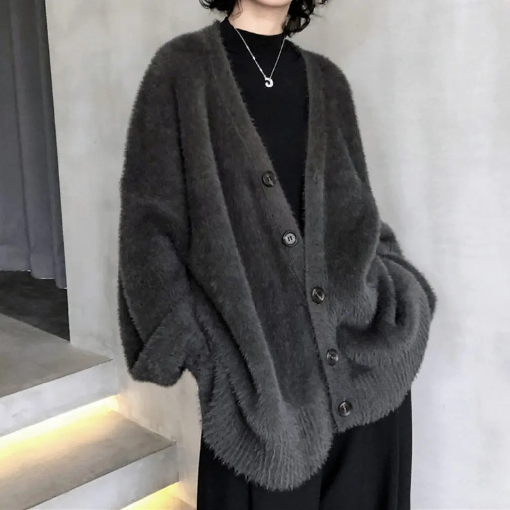 

Women's Large Size Knitted Sweater Cardigan Imitation Mink Korean British Style Loose Jacket for Spring Autumn Winter