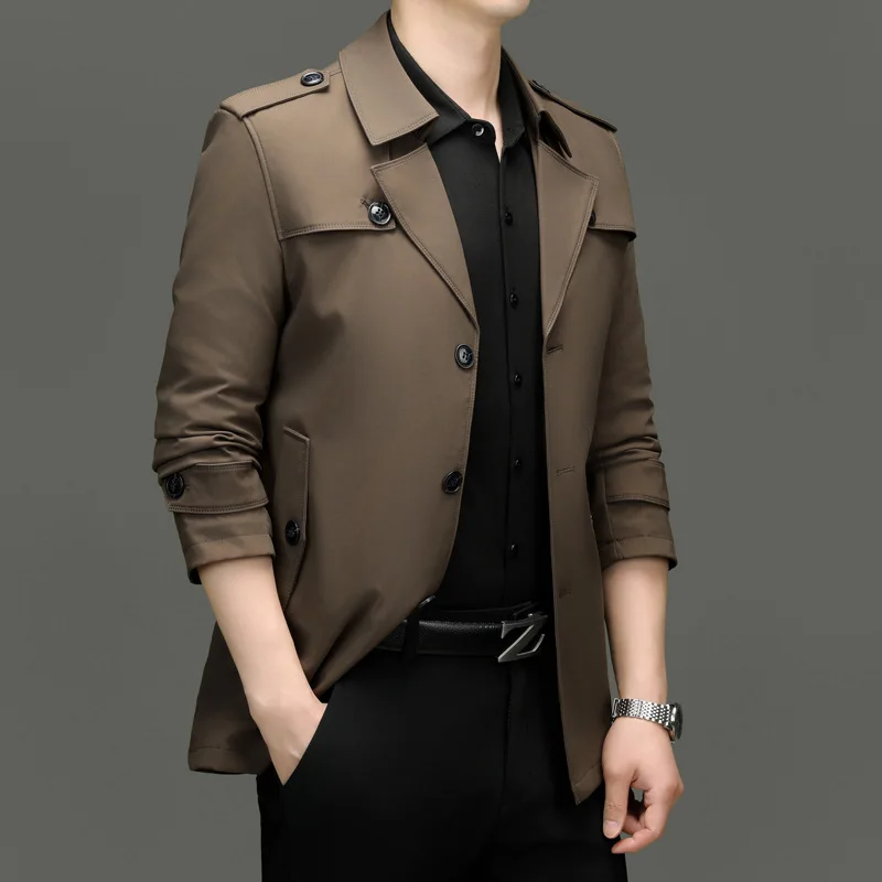 

Autumn Winter Men's Long Coat Casual Busin Pure Color No Ironing Required Stand Fit Polyester Fabric Jaet Top