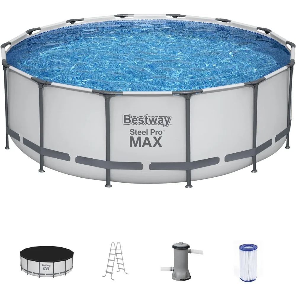 Round Metal Frame above Ground Outdoor Swimming Pool Set with 1,000 Filter Pump, Ladder, and Cover,Easy Set-Up