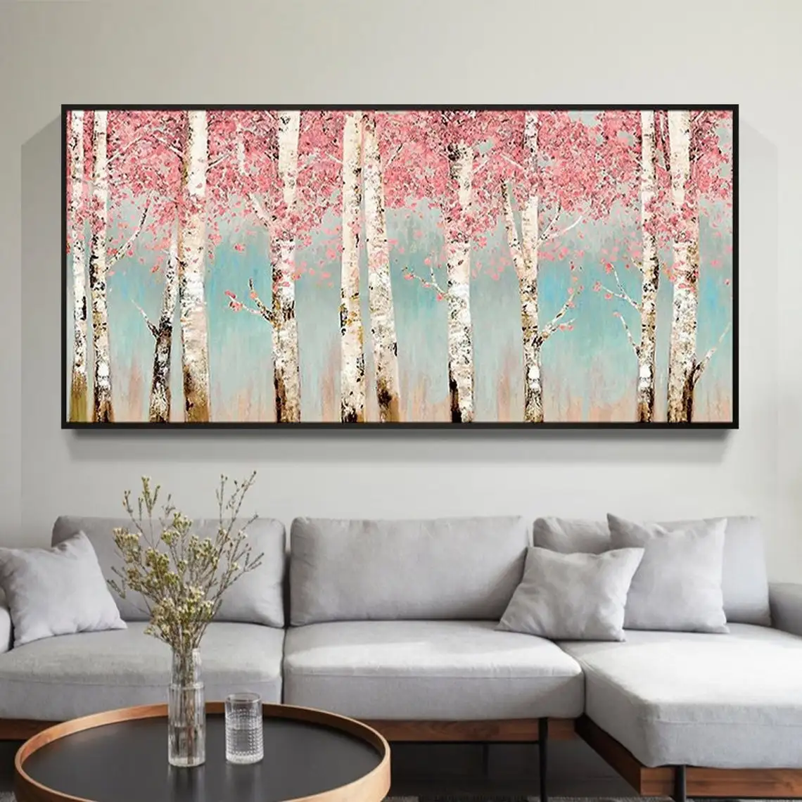 Tree Hand Painted  Oil Painting on Canvas Forest Landscape Birch Nature Living Room Big Painting Pink Abstract Large Wall Art