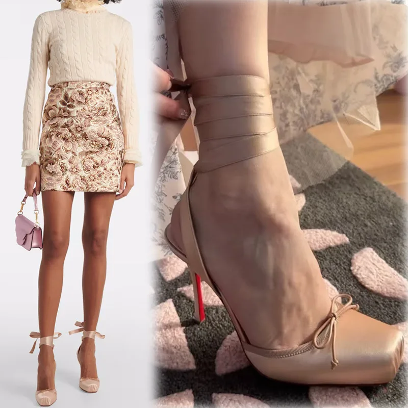 

Square-Toed Silk Satin Bow-Tie High-Heeled Sandals French-Style Ballet Pumps Roman Women Shoes Sandalias Mujer Verano
