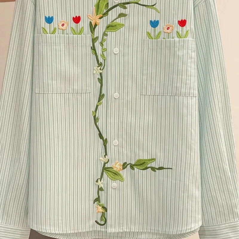 Kimotimo Autumn Flowers Embroidery Striped Long Sleeve Shirt Women Preppy Style Lapel Pocket Button Up Tops Fashion Loose Blouse