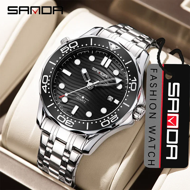 SANDA Fashion Business Men's Quartz Watch Simple Multi functional Waterproof Single Calendar Stainless Steel Strap Male Cloc