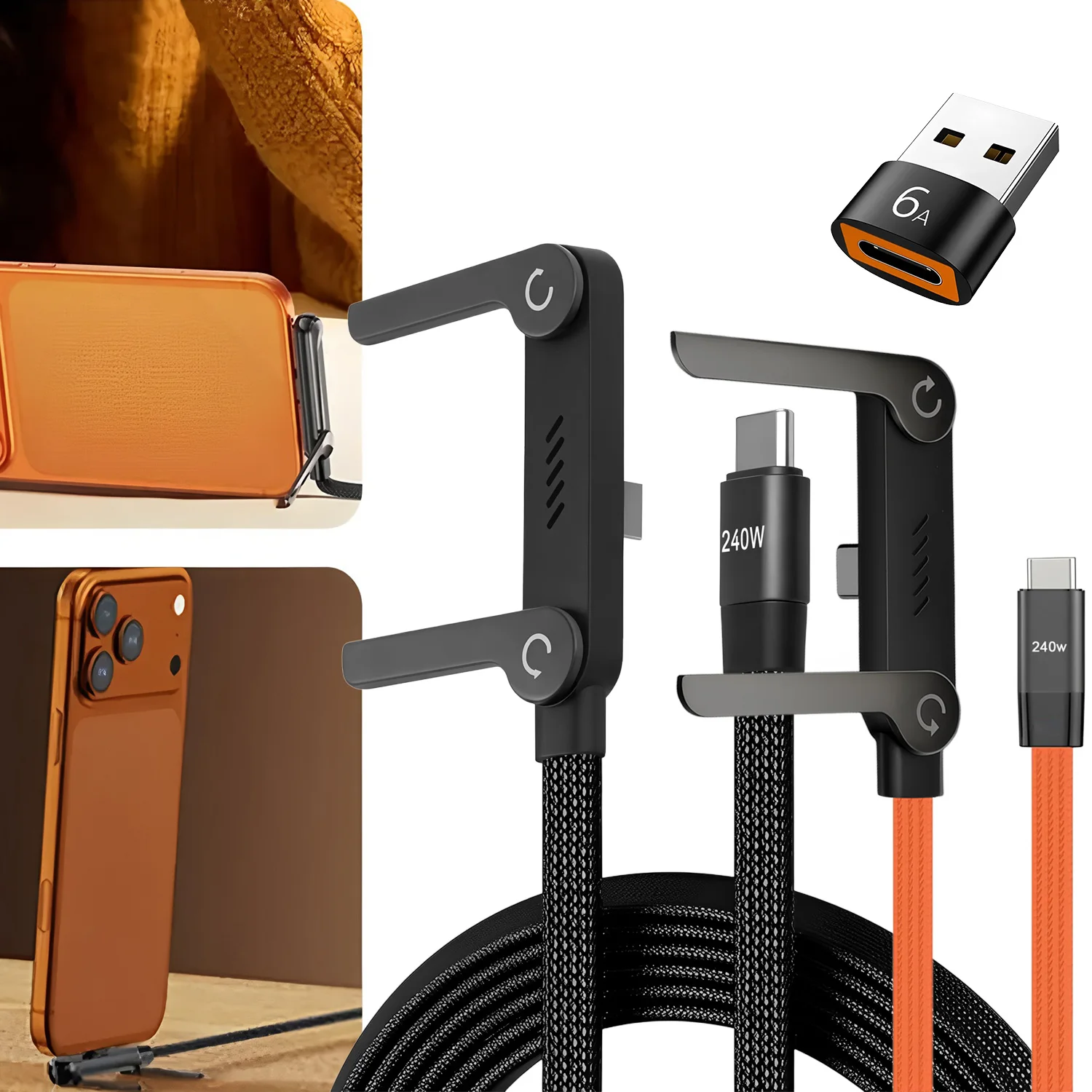 240W 2-in-1 Fast Charging Foldable Bracket Data Cable Type-C to Type-C USB to Type-C Data Wire with OTG Phone Stand image 5