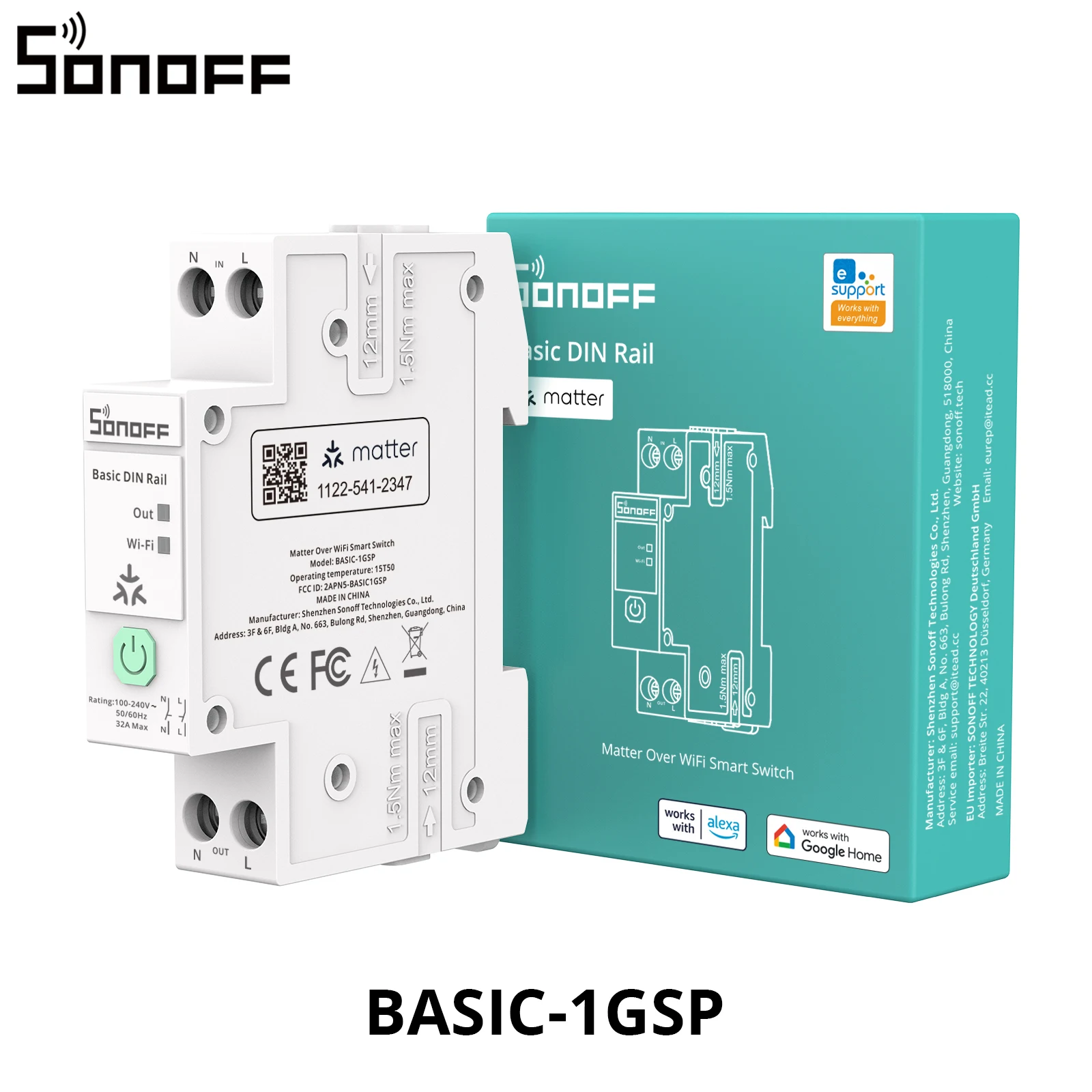 SONOFF BASIC-1GSP Basic Enkelkanaals DIN-rail schakelaar Matter WiFi Energieverbruik Monitoring Overbelastingsbeveiliging Tot 32A