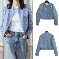 Women Spring New Fashion Jacket Silver O-Neck Long Sleeves Fake Pocket Sequins Decoration Female Streetwear Short Coats