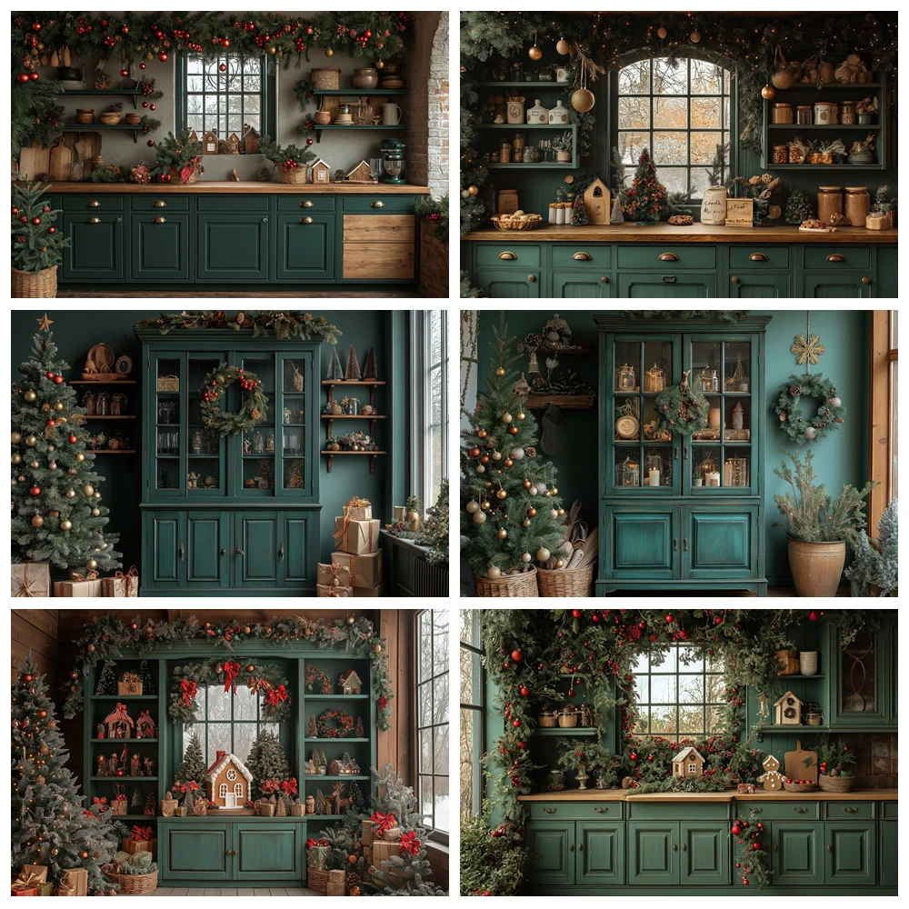 

Christmas Kitchen Background for Photography Green Cabinet Xmas Wreath Gingerbread House Family Portrait Photo Backdrop Decor