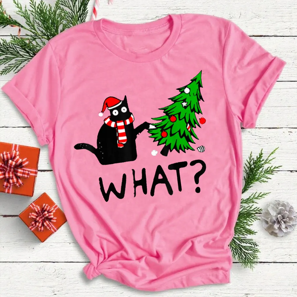 Funny Black Cat Gift Pushing Christmas Tree Over Cat What? Men Women T-Shirt Aesthetic Clothes Comfortable Personality Tops