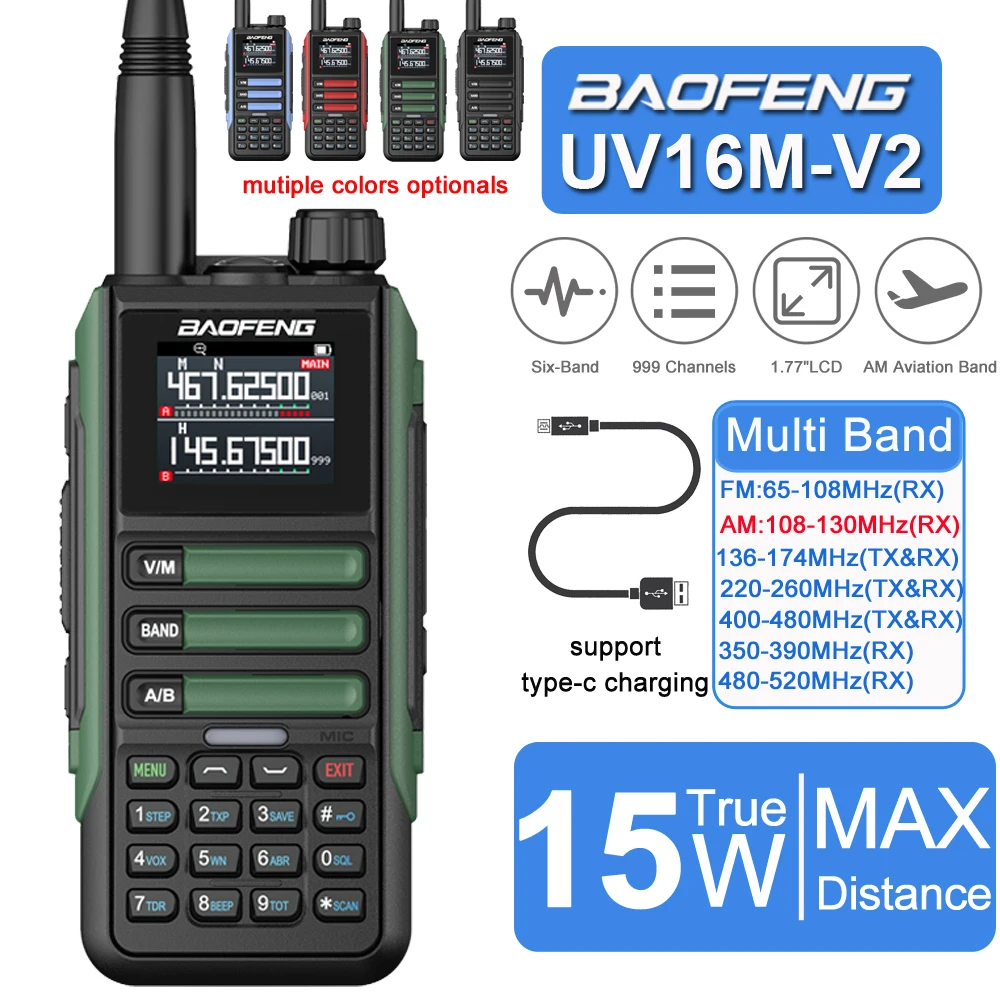 1/2PCS Baofeng UV16M V2 AM FM 15W Walkie Talkie Frequency Replication Multi Band Type-C Charging Hunting Tactical Two Way Radio