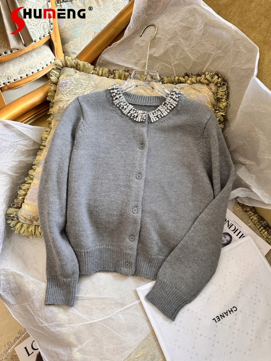 

2023 Autumn Winter Women's Knitted Tops Rhinestone Heavy Industry Gray Feminine Long Sleeve Sweaters Girl Cardigan Knitwears