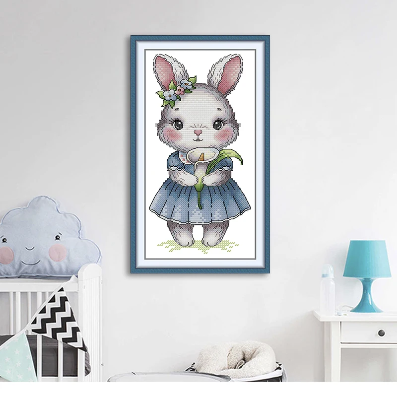 Joy Sunday Cross Stitch Kit 11/14/16CT Printed Canvas  Painting Handmade Easy Embroidery Set Gift Rabbits and Calla Lilies