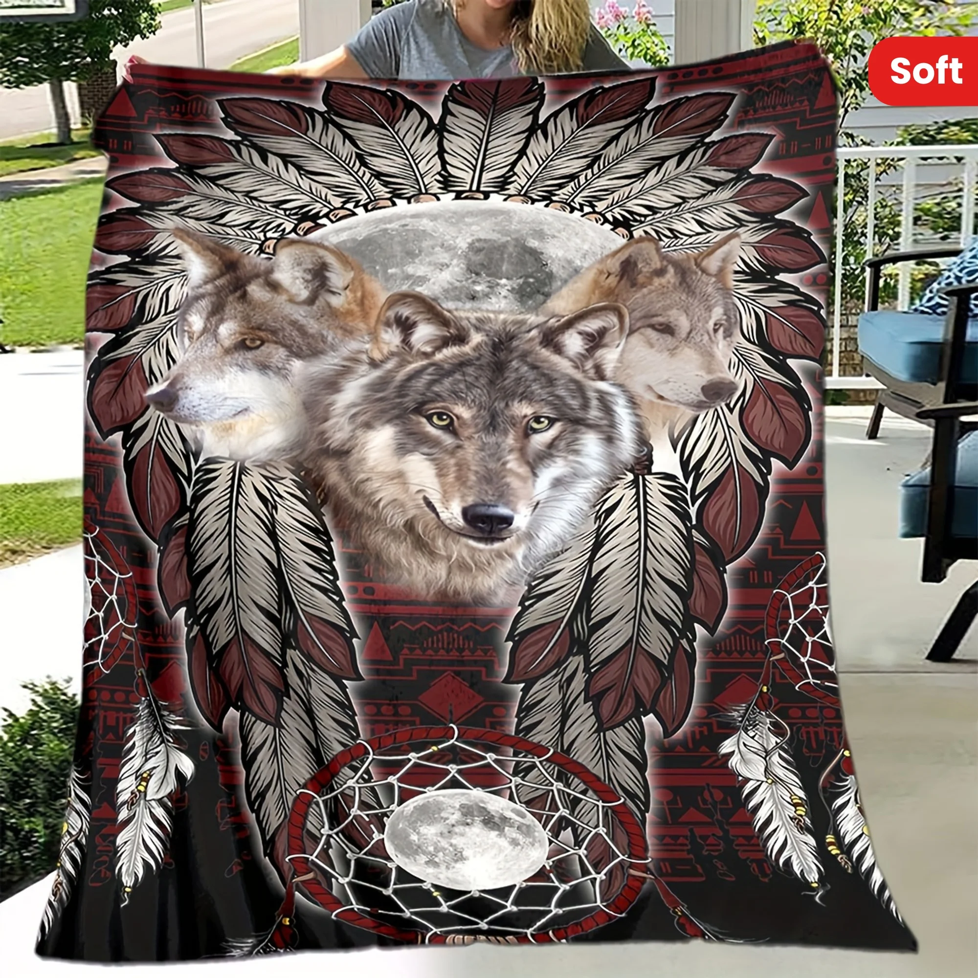 

Soft And Warm Aboriginal Wolf Print Flannel Blanket - Multi-Purpose Office, Camping And Travel, a Gift for All Seasons