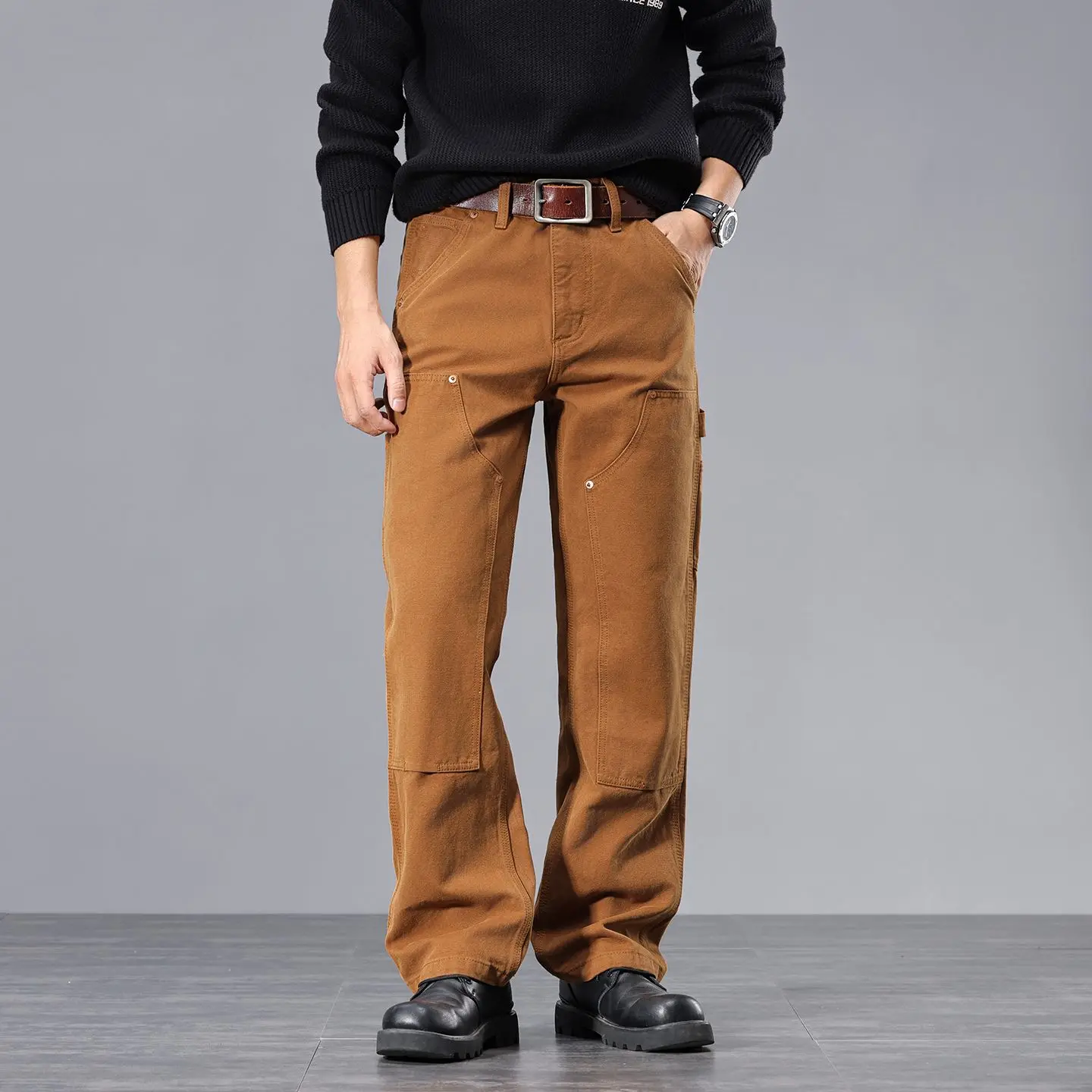 Men's Dark Brown Heavyweight Washed Jeans Fall Streetwear American-Style Casual Straight-Leg Pants Loose Wide-Leg Trousers