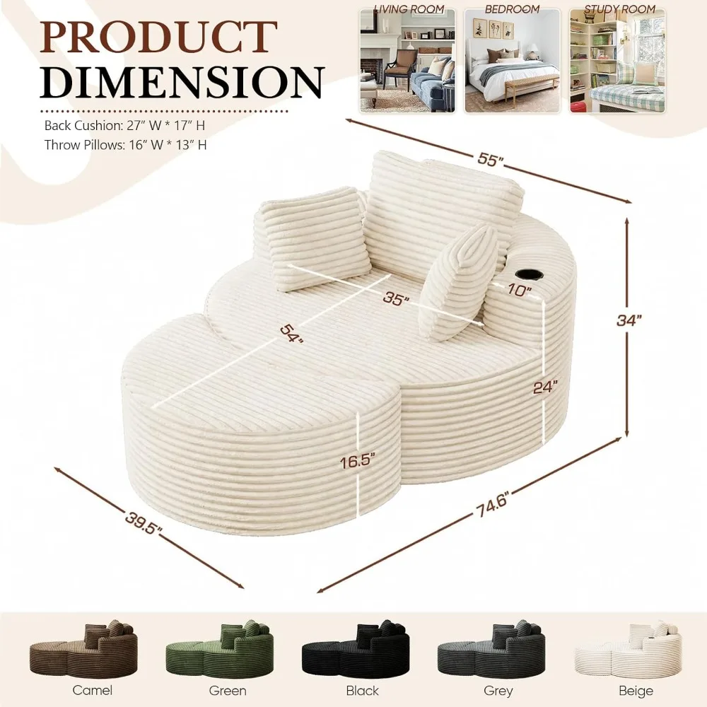 Oversized Round Chaise Lounge Chair with Ottoman, Corduroy Deep Seat Floor Accent Chair, Beige