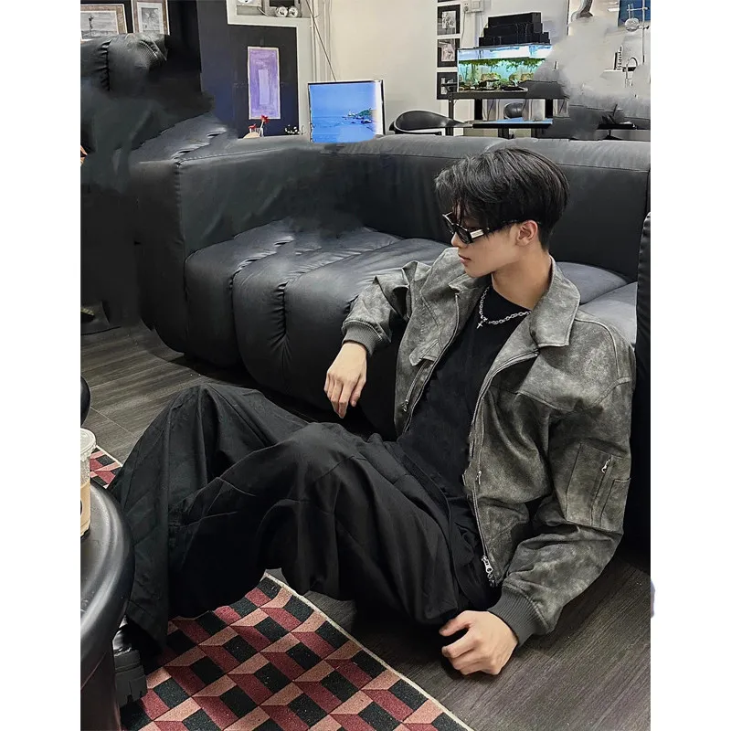 

Retro Biker ort Jaet Men's Autumn Winter High Street Sle Dyeing Cool American Streetwear oulder Pad Jaet Coat