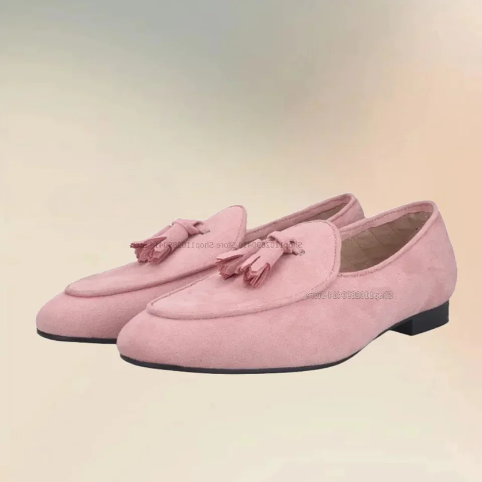 

Pink Tassels Decor Flock Low Top Men Loafers Fashionable Comfort European Style Men Shoes Novel Handmade Runway Men Casual Shoes