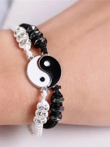 2 PC Jewelry Set Couple Black White Tai Chi Bracelet Rope Adjustable Chain Set Simple Style Daily Wear Jewelry