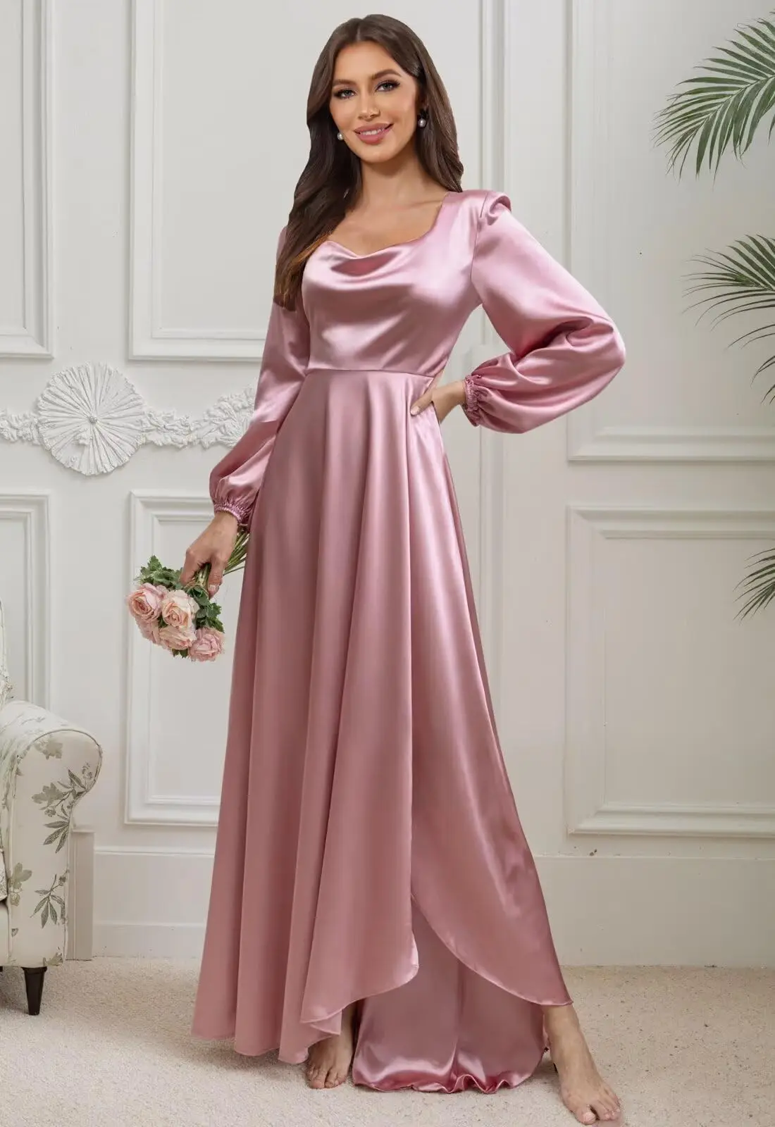 

Satin Bridesmaid Dresses for Women Long Sleeve A Line Wedding Guest Dress